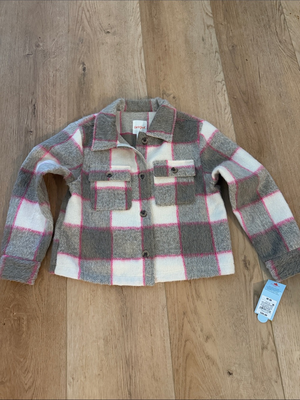 NWT Cat & Jack Gray, Pink & White Plaid Button-Up Kids Jacket